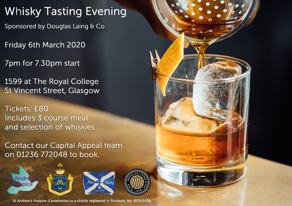 jadillonwedding's tweet photo. We still have some tickets left for our @StAndrewsCapApp  Whisky Tasting evening @1599glasgow sponsored by @DLaingWhisky. Call us at St. Andrew's Hospice on 01236 772048 to buy your tickets! Please RT https://t.co/VYv78slZwB
