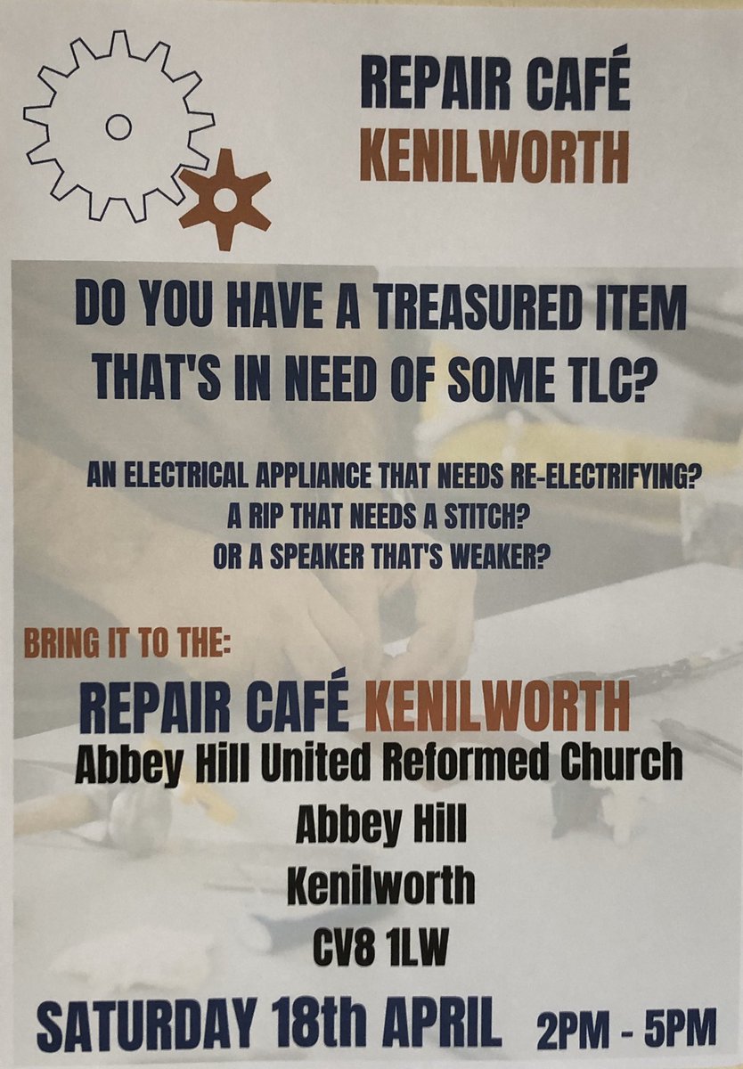 KenRepairCafe's tweet photo. A rip that needs a stitch? A chair that needs hair? A speaker that’s weaker? Bring it along ... https://t.co/aR7pRQjN9w