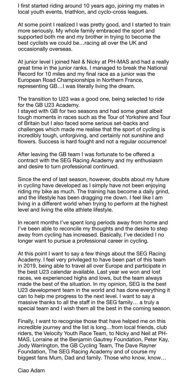 AdamHartley98's tweet photo. A post regarding my future in cycling. Thanks for all the support and Ciao... https://t.co/yxIXpSd9Yt https://t.co/UxZt9MvFPX