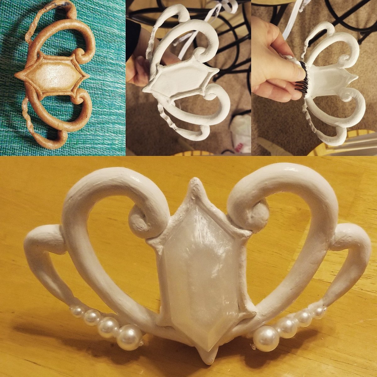 CskimCosplay's tweet photo. Neo Queen Serenity #wipwednesday! I made the tiara out of worbla, painted on gesso, sanded, then airbrushed white, and sealed with glossy acrylic spray paint. The gem and pearls were glued on and the hair comb was sewn into the wig!

#WIP #cosplay #SailorMoon #SailorMoonCrystal https://t.co/TjU0StlAX7