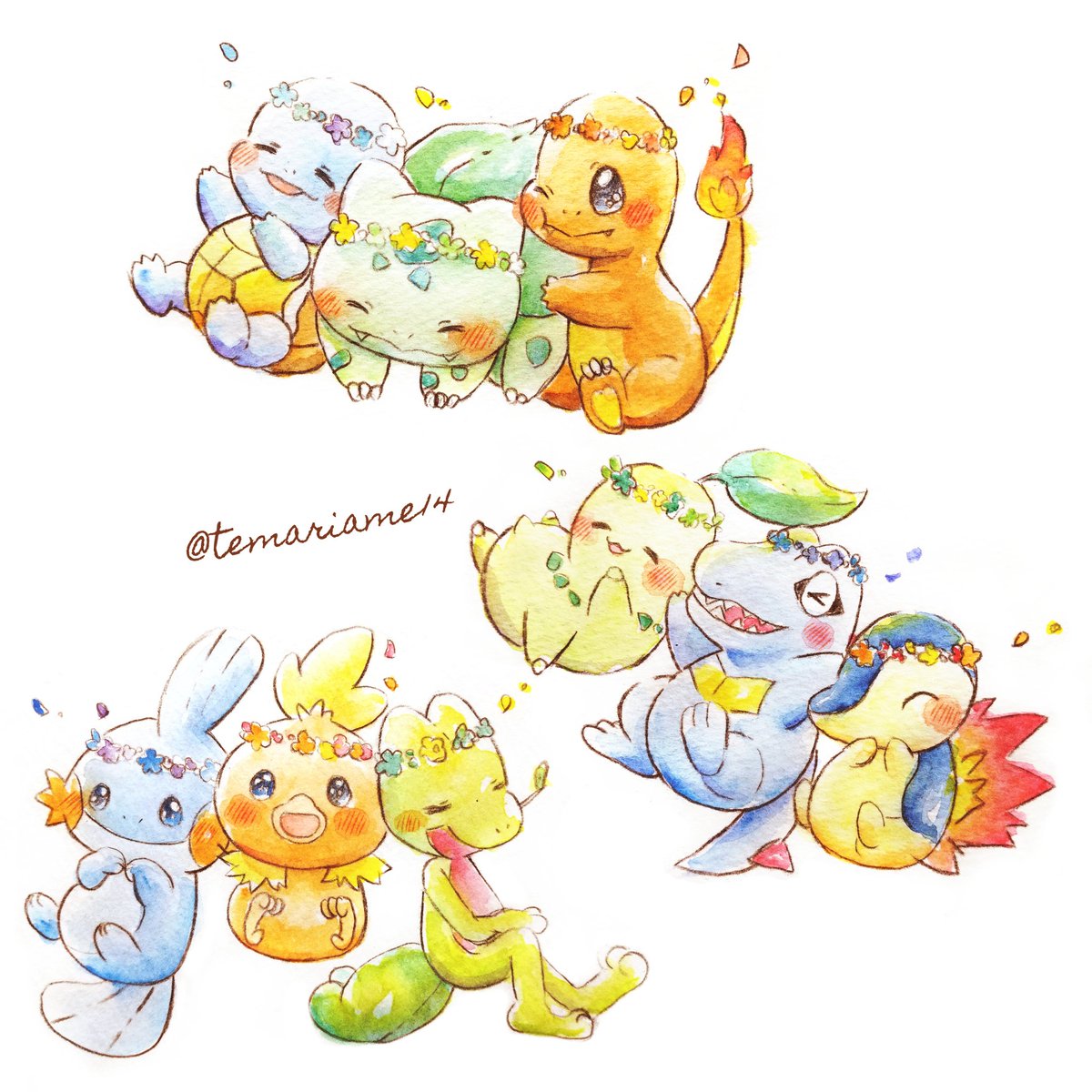 charmander ,chikorita ,cyndaquil ,litten ,mudkip ,piplup ,popplio ,torchic pokemon (creature) starter pokemon trio no humans smile flame-tipped tail closed eyes fire  illustration images