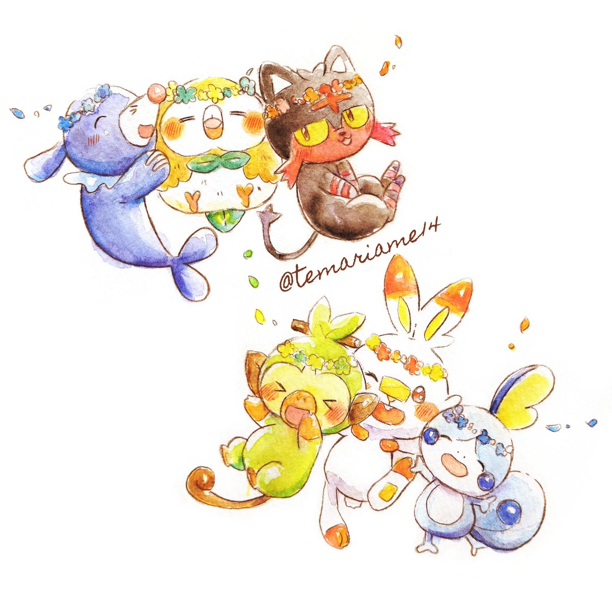 charmander ,chikorita ,cyndaquil ,litten ,mudkip ,piplup ,popplio ,torchic pokemon (creature) starter pokemon trio no humans smile flame-tipped tail closed eyes fire  illustration images