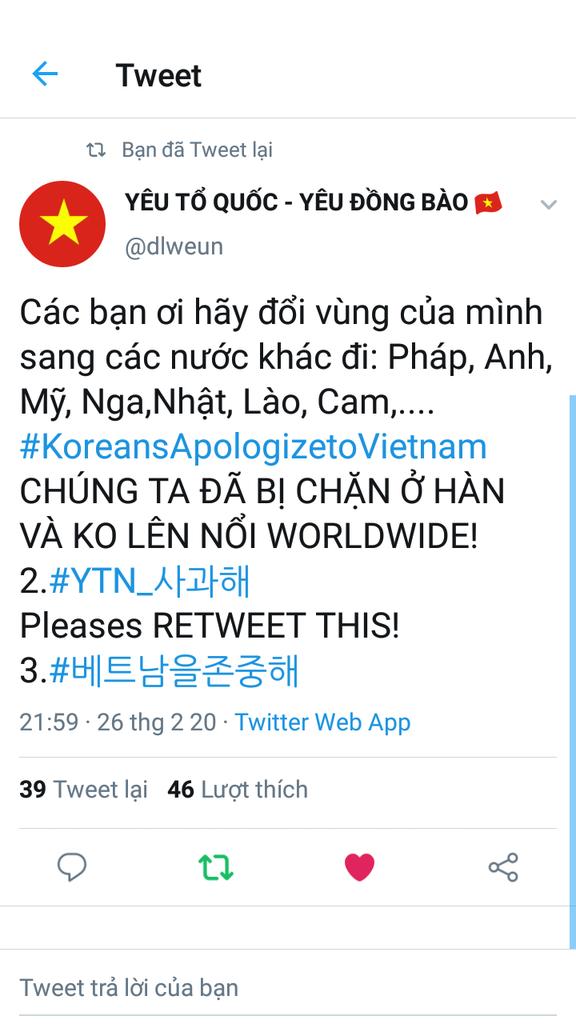 #KoreansApologizetoVietnam 
Không dùng icon 
Không dùng ngôn từ thô tục 
#YTN_사과해
