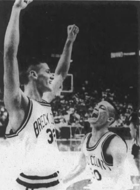 KYHSHistory's tweet photo. It's been 25 years since Breckinridge County (a country school as they called it) rose to the top and won a state title, beating PRP 70-63 in the final. Adam Mattingly (he had 19 in the final) celebrated with his teammate Patrick Critchelow. Critchelow was the tournament MVP. https://t.co/Z0KGOGxu75