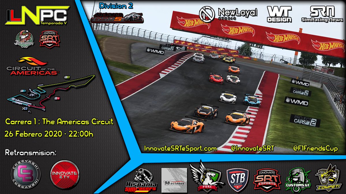 #ILNPC | Seguimos la 1a jornada de la Liga Nacional Project Cars con la #DivisionMclarenGT3
A partir de las 22:30h aprox tienes una cita de nuevo con @ISRT_Cabayashi que te va a contar todo lo que ocurra en #COTAGP
@F1Friendscup 
<a href="/wearteamdesign/">wear_team_design</a> 
<a href="/SimRNews_Es/">Simracing News</a> 
<a href="/NewLoyalStudio/">Newloyal Studio</a>