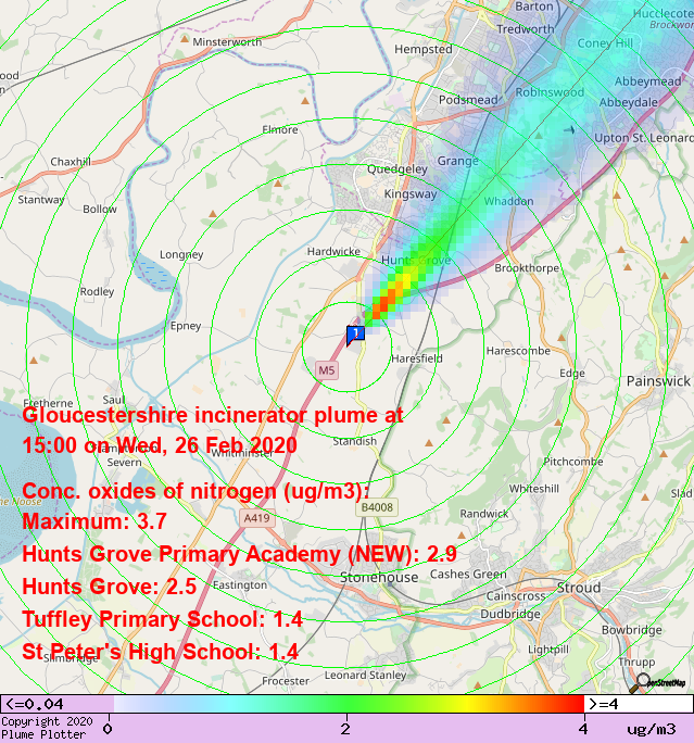plumeplotter's tweet photo. Latest Gloucestershire incinerator plume plot, 15:00 26/02/20 #HuntsGrove #Saintbridge #Hucclecote https://t.co/pLGPvMCtFF https://t.co/yRUjnEzBSK