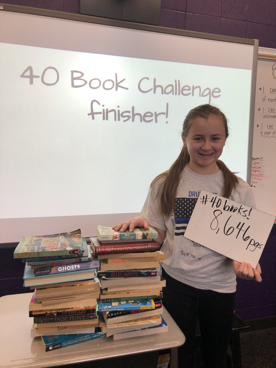 Gracie is our first 40 book challenge finisher! She has been a nonstop reader all year. I love that she has moved on to her next book already! #onlytook26weeks #40bookchallenge #proudteacher #OtsegoKnights