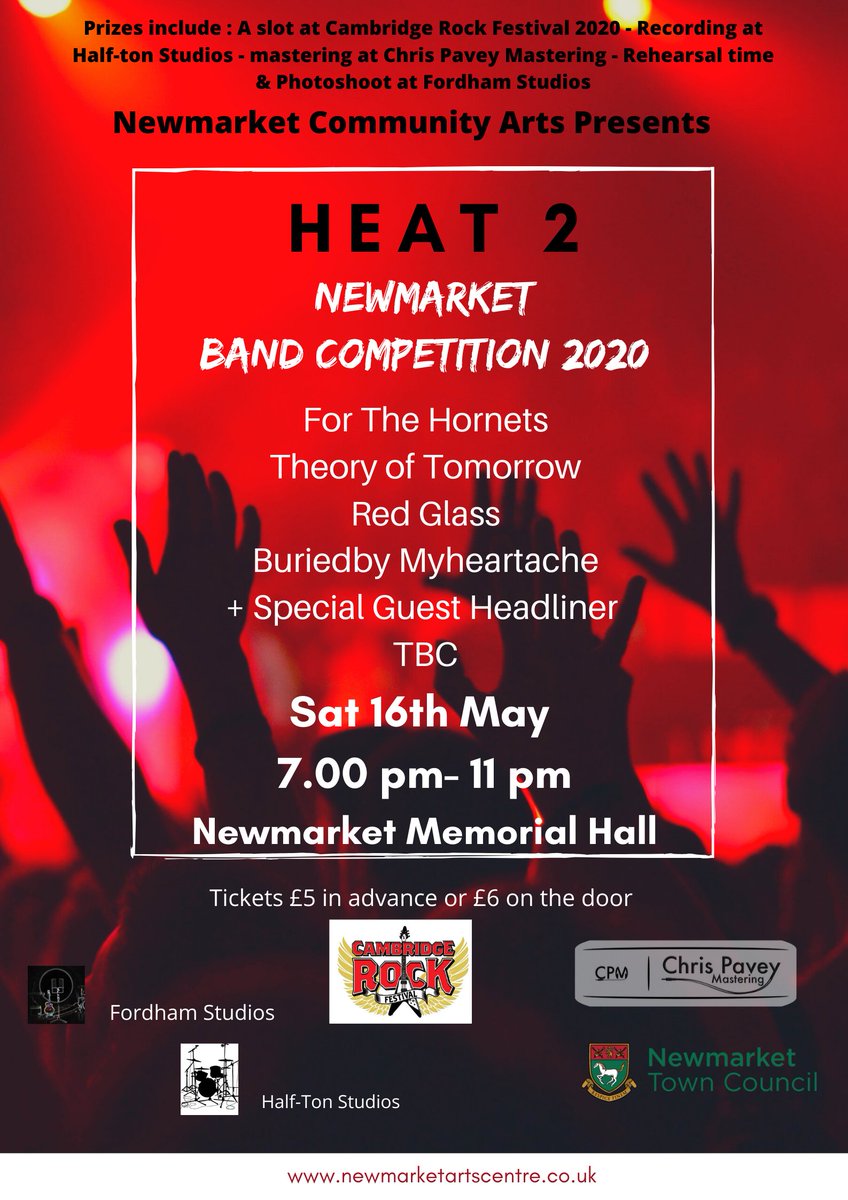Heat 2 of the Newmarket Band Competition features <a href="/FortheHornets/">For the Hornets</a> Theory of Tomorrow , Red Glass and Buriedby Myheartache - Sat 16th May - Memorial Hall - tickets £5 in advance wegottickets.com/event/496603

<a href="/grapevinelive/">GrapevineLIVE</a> @zack1053 <a href="/RWSFM/">RWSfm 103.3</a> @cambridge105 <a href="/BBCIntroSfk/">BBCIntroSFK</a> <a href="/BBCIntroCambs/">BBC Music Introducing in Cambridgeshire</a>