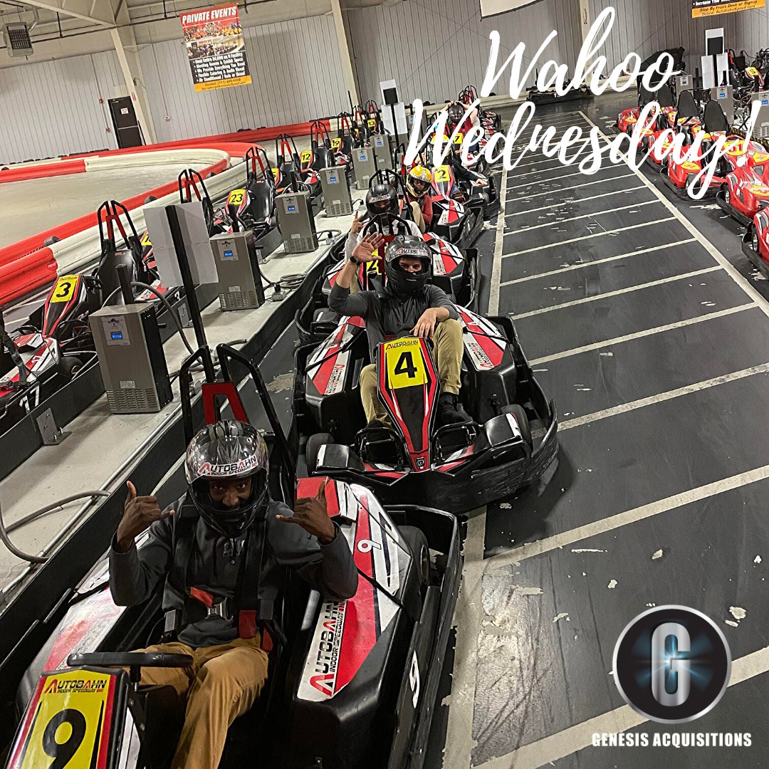 GenesisAcqInc's tweet photo. Wahoo Wednesday!

Genesis Acquisitions Team enjoying a FUN team night at the Race Car Arena!

There are two things we know we do right here: WORK hard &amp; PLAY harder!!! We can’t wait until the next Team Night Adventure 👏

#workculture #inspiration #marketing #marketingstrategy https://t.co/jy2tUWDtZe