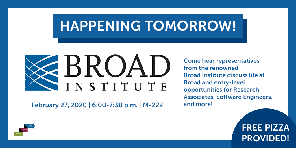 SimmonsCEC's tweet photo. Don't forget! Broad Institute representatives are coming to Simmons tomorrow 2/27 from 6 - 7:30 PM to discuss entry-level opportunities! There will also be informal networking and FREE pizza. @broadinstitute @SimmonsUniv https://t.co/oyYAyW7sGk