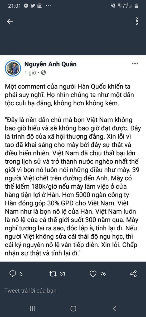 Jiffi59731281's tweet photo. Đã tôn trọng các người đến mức như vậy mà các người còn muốn gì. Muốn chúng tôi tôn lên đầu ngồi à??? Thân gửi gửi những con người của đất nước thượng đẳng.
#KoreansApologizetoVietnam
#YTN_사과해
#베트남을존중해
Chúng tôi không phải nô lệ của các người. https://t.co/auG87VFf1N