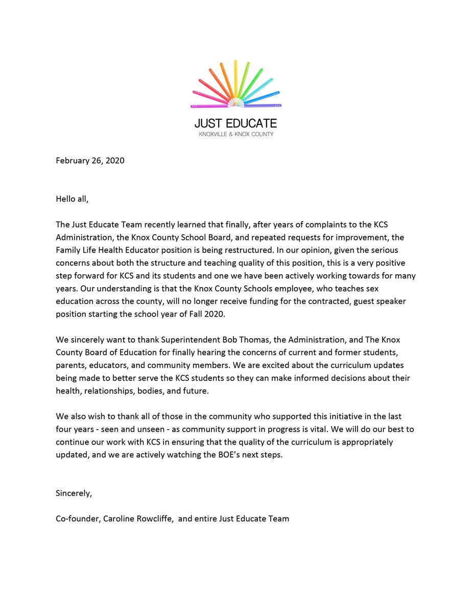 JustEducateTN's tweet photo. Hello all,

The Just Educate Team recently learned that finally, after years of complaints to the KCS Administration, the Knox County School Board, and repeated requests for improvement, the Family Life Health Educator position is being restructured. In our opinion, given the https://t.co/Ygju7DZC74
