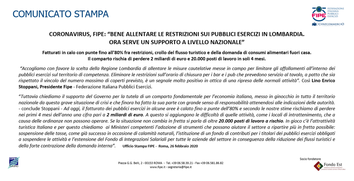#coranavirus #Stoppani chiediamo: 
sospensione delle tasse, istituzione di un fondo di contributi per i titolari dei #PubbliciEsercizi, l’estensione del Fondo di Integrazioni Salariali per tutte le aziende del settore 

fipe.it/comunicazione/…