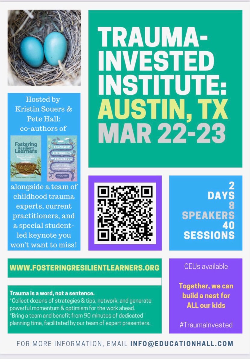 ESC19Behavior's tweet photo. Finished these in 2 days! Powerful and important for ALL our teachers! Just signed up for the Trauma Invested Institute in the ATX to share what I learn back in EP. Hope to meet/speak with @KristinKsouers and @educationhall! #TraumaSensitiveClassrooms #R19ChangingMinds #WeR19 https://t.co/srkSdwH9ww