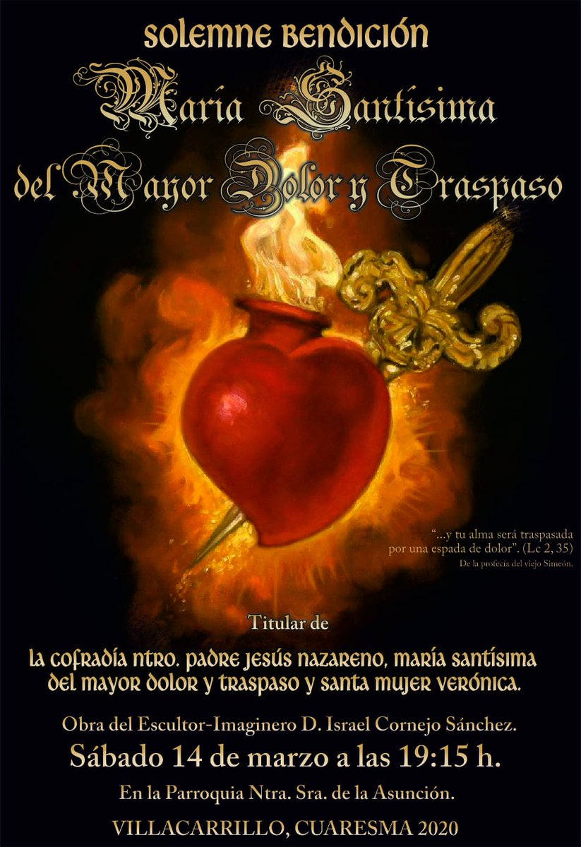 Llegó la cuaresma y no hay mejor manera de darle la bienvenida que presentando el cartel de la bendición de María Santísima del Mayor Dolor y Traspaso, titular de nuestra Hdad.
Nacida de las gubias del imaginero y escultor Israel Cornejo, será bendecida el próximo 14 de Marzo.