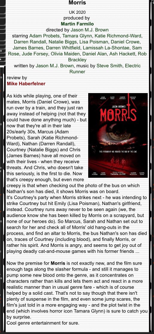 JasonMJBrown's tweet photo. Another positive review for Morris!
(Minor Spoilers)
The plot twist in the end involves horror icon Tamara Glynn) is sure to catch you by surprise.
Cool genre entertainment for sure. #Horrorfeaturefilm #TamaraGlynn #Movies @Morris_UKFilm #Review https://t.co/J1gmy4eKwl