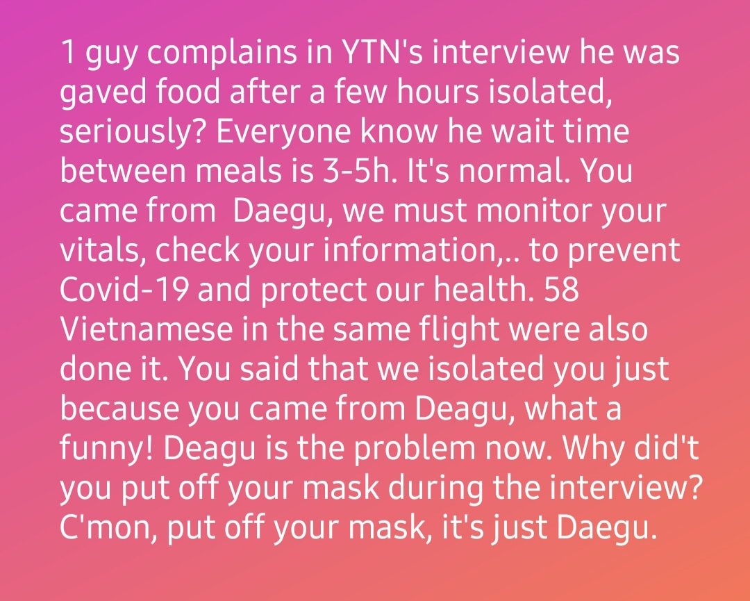 phuongontwitt20's tweet photo. Additionally, 2 travellers from Daegu who wanted to stay in 
 Vietnam and agreed to our isolation,   just gone away for a few hours without notice!
#KoreansApologizetoVietnam
So disappointed 
#YTN_사과해
Where is EQUALITY in your interview?
#베트남을존중해 https://t.co/9gXFDoVGVp