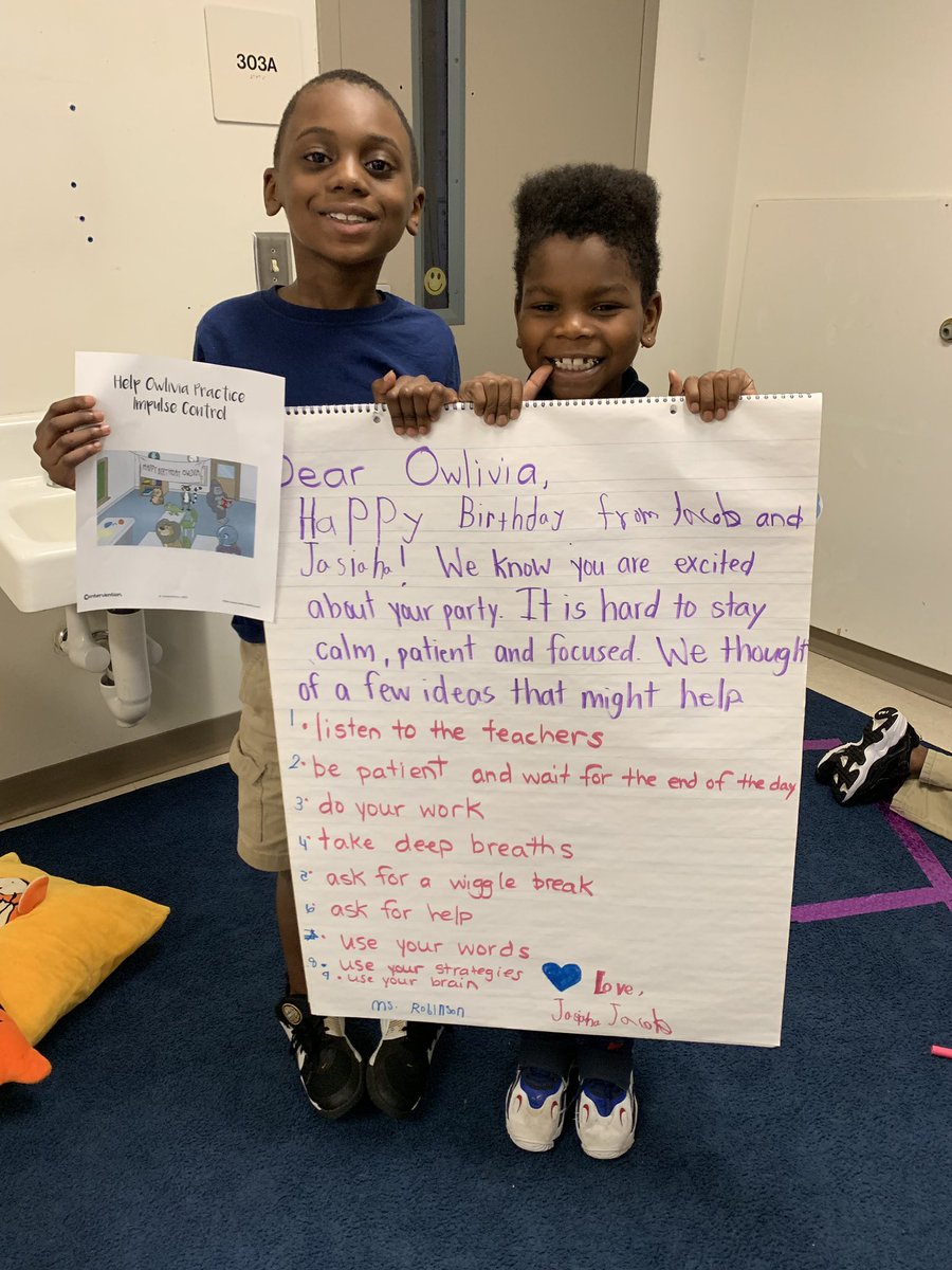 RobinsonMclean's tweet photo. We are here to help Owlivia with her Impulse Control! She is too excited about her party. We came up with a plan! @Centervention @FHGES #selfcontrol #patience #strategies #love #jj #listen #takedeepbreaths #stayinyourarea #stayfocused https://t.co/m9awZKGsuJ