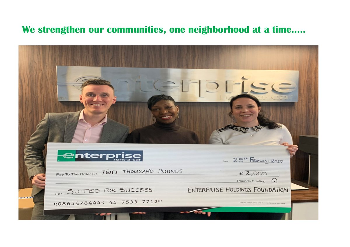 Absolutely fantastic feeling being able to present Chief Executive Patricia White from Suited for Success with a cheque for £2,000. Thank you to Enterprise Holdings Foundation giving U2 the opportunity to provide funding to this amazing charity! #U2Good2BeTrue @EHCareersGO