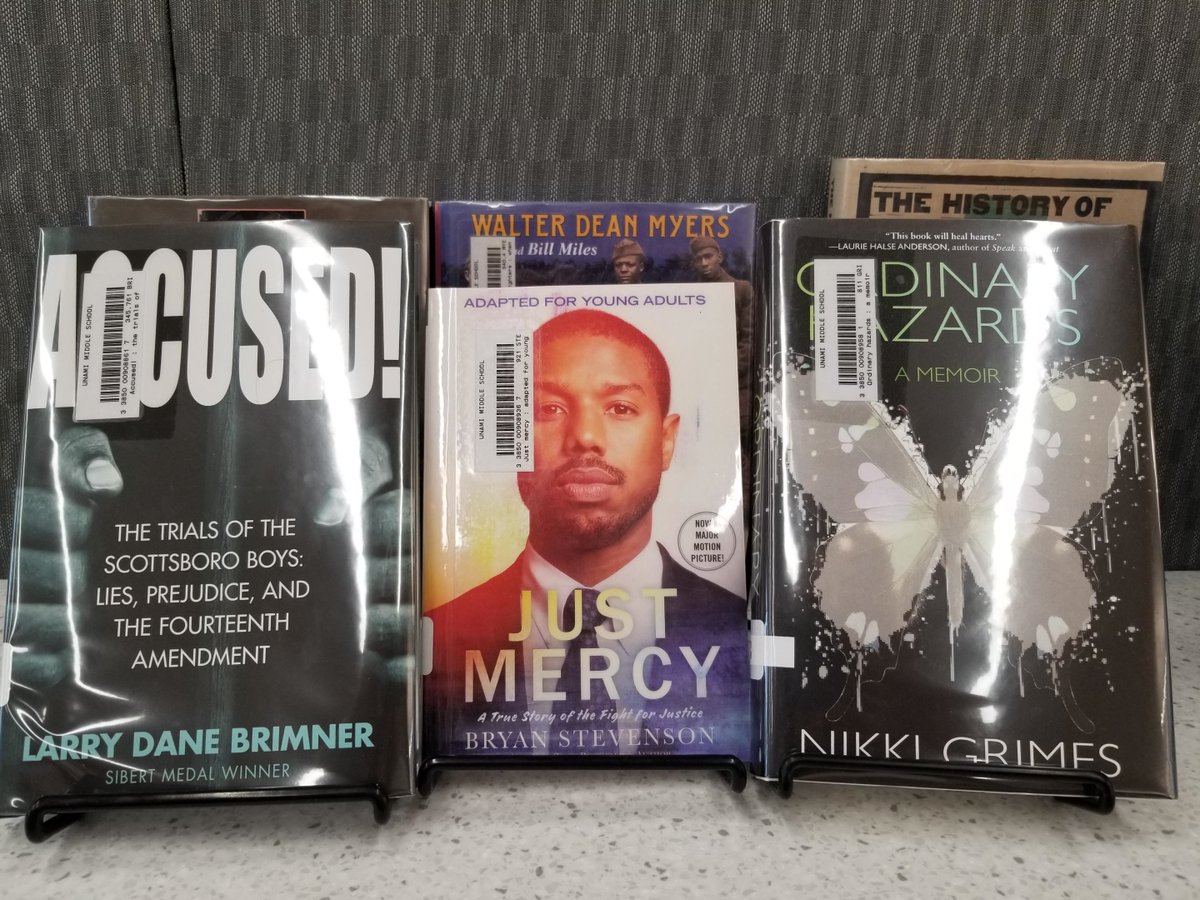 UnamiLibrary's tweet image. Just unboxed a new bk order with 3 books that immediately went in our #BlackHistoryMonth2020 display. This is our 5th copy of @eji_org #JustMercy  (both adult and YA adaptations). Had to order another copy of YA since I can&apos;t keep the library bks in- #goodproblem
 #shelfie