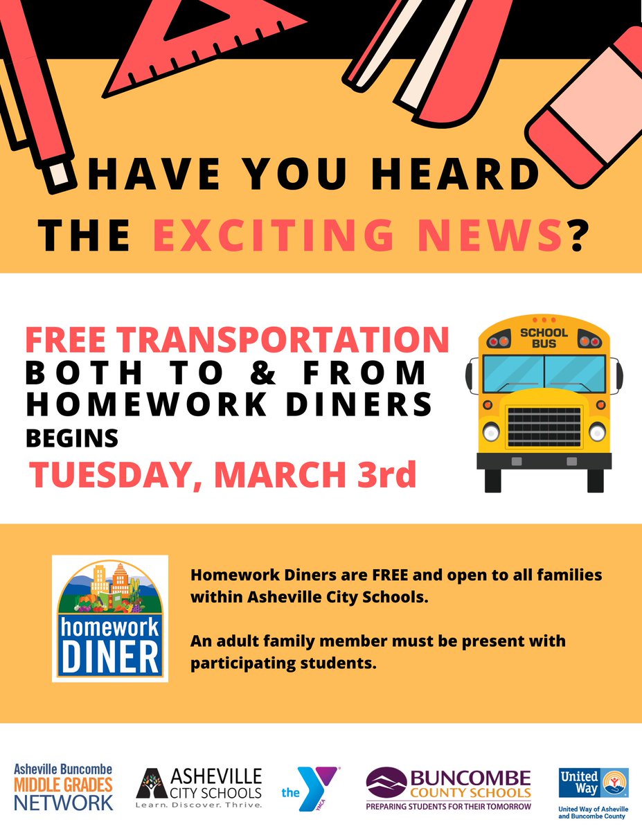 AVLCitySchools's tweet photo. Thanks to @ACS_Buses, we’ll be offering FREE bus rides for students &amp; their families both to and from Homework Diner starting next Tuesday, March 3rd.  Any student, parent, guardian or sibling will be able to ride at no charge!

#TheACSWay #CougarPride #828isgreat https://t.co/xS2WqGnS35