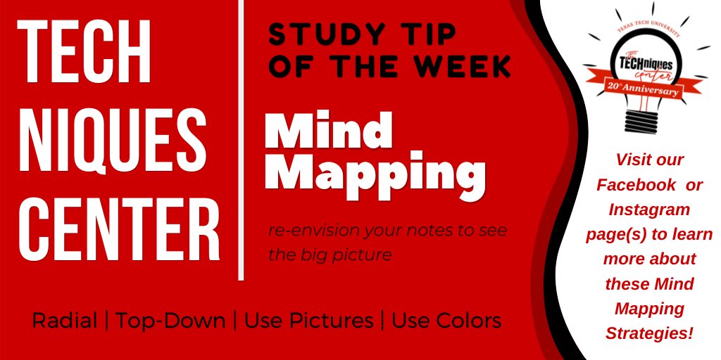 TECHniquesTTU's tweet photo. Reviewing notes just became fun! Mind mapping is a way of organizing your notes into a visual experience that helps with synthesizing information and improving retention. 

 #techniquescenter #techniquesttu #ttu_sds #ttu #texastech #mindmap #mindmapping https://t.co/0IjBzGqC1C