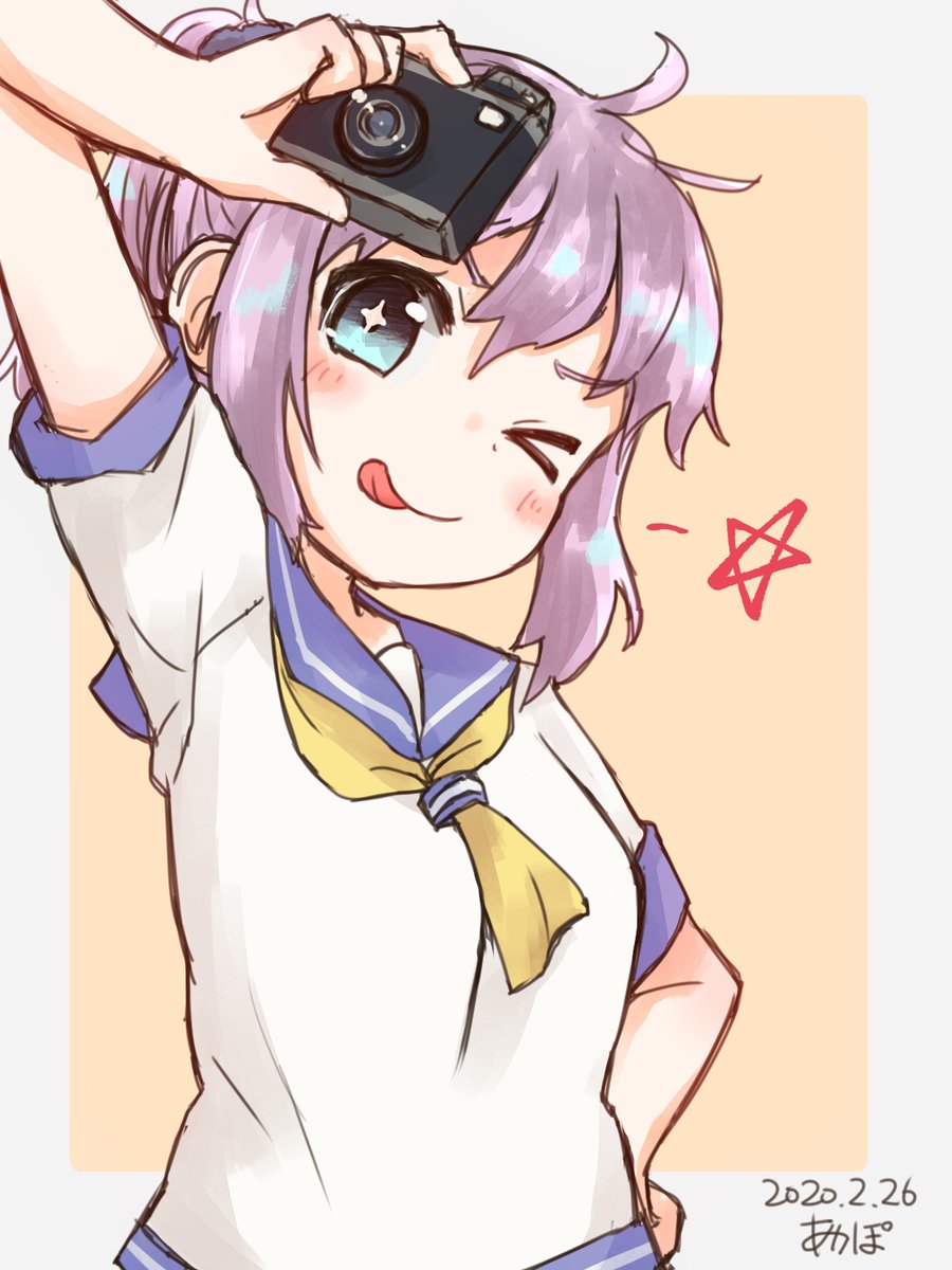 aoba (kancolle) 1girl solo one eye closed school uniform camera ponytail serafuku  illustration images