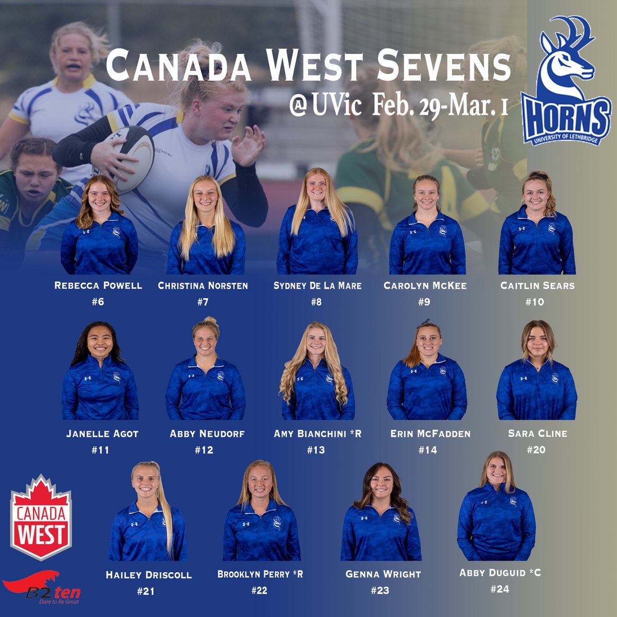 Unchanged roster for UVIC 7s this weekend. These gals will be chasing a podium finish again. Go Horns! @CanadaWest @B2ten @RugbyCanada #yql #wrugby