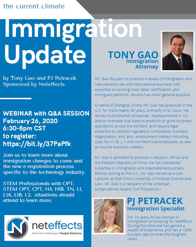 neteffectsinc's tweet image. Immigration Webinar is tonight!!  Make sure to register at loom.ly/IZhGj9c to reserve your spot.  Tony Gao, an immigration lawyer and tonight's speaker, is going to give a great update on immigration changes as well as answering any questions from the attendees!