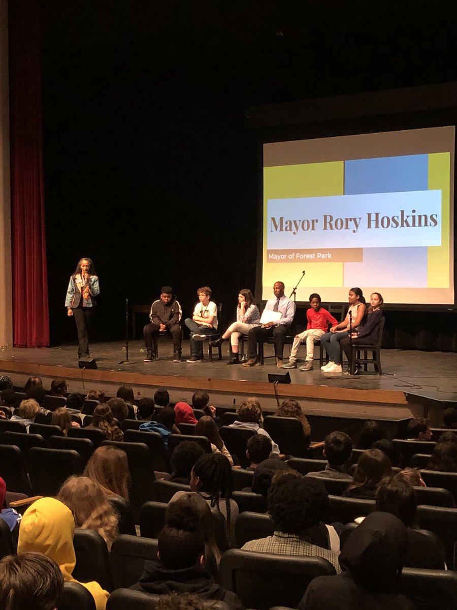 Black History Month assemblies happening at Julian Middle School this morning. Rory Hoskins, the first African American Mayor of Forest Park, sharing information with our students about the important work he is doing for his community. #julianworks #oakpark97