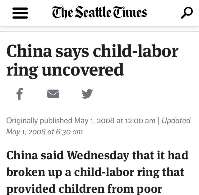 2/3 Turns out it was not a story on China utilising child labour but actually a story on China ELIMINATING child labour. A capitalist company was illegally luring children just a year or two below the legal employable age and was punished when caught. The claim =/= citation.
