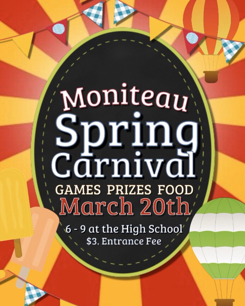 MoniteauD's tweet photo. Moniteau Spring Carnival will be held on March 20th from 6 to 9 PM at the High School!   Please attend and support our kids!!!  @MoniteauWarrior @The_Teau @MoniteauStore https://t.co/riUGoA8Xwf