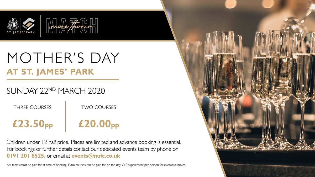 👩‍👧‍👦 Make Mother’s Day extra special with Sunday lunch at St. James' Park, with a taster tour and a free glass of fizz for Mum! To book 📧 events@nufc.co.uk