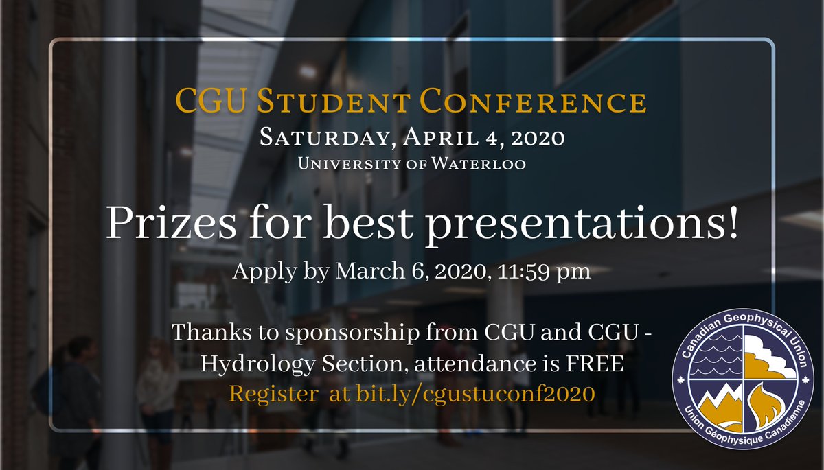 -Great science by students and early career scientists
-NO conference fees (thanks to <a href="/CGU_UGC/">CGU</a>) 
-food
-prizes for best poster/oral presentations! 

What are you waiting for? 1.5 weeks left until abstracts are closed for the #CGUstuconf! Register at bit.ly/cgustuconf2020