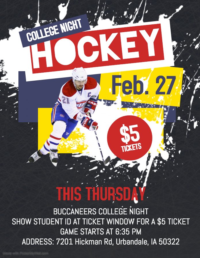 College night at the buccaneers game! Show your ID to get in for just $5 🏒
