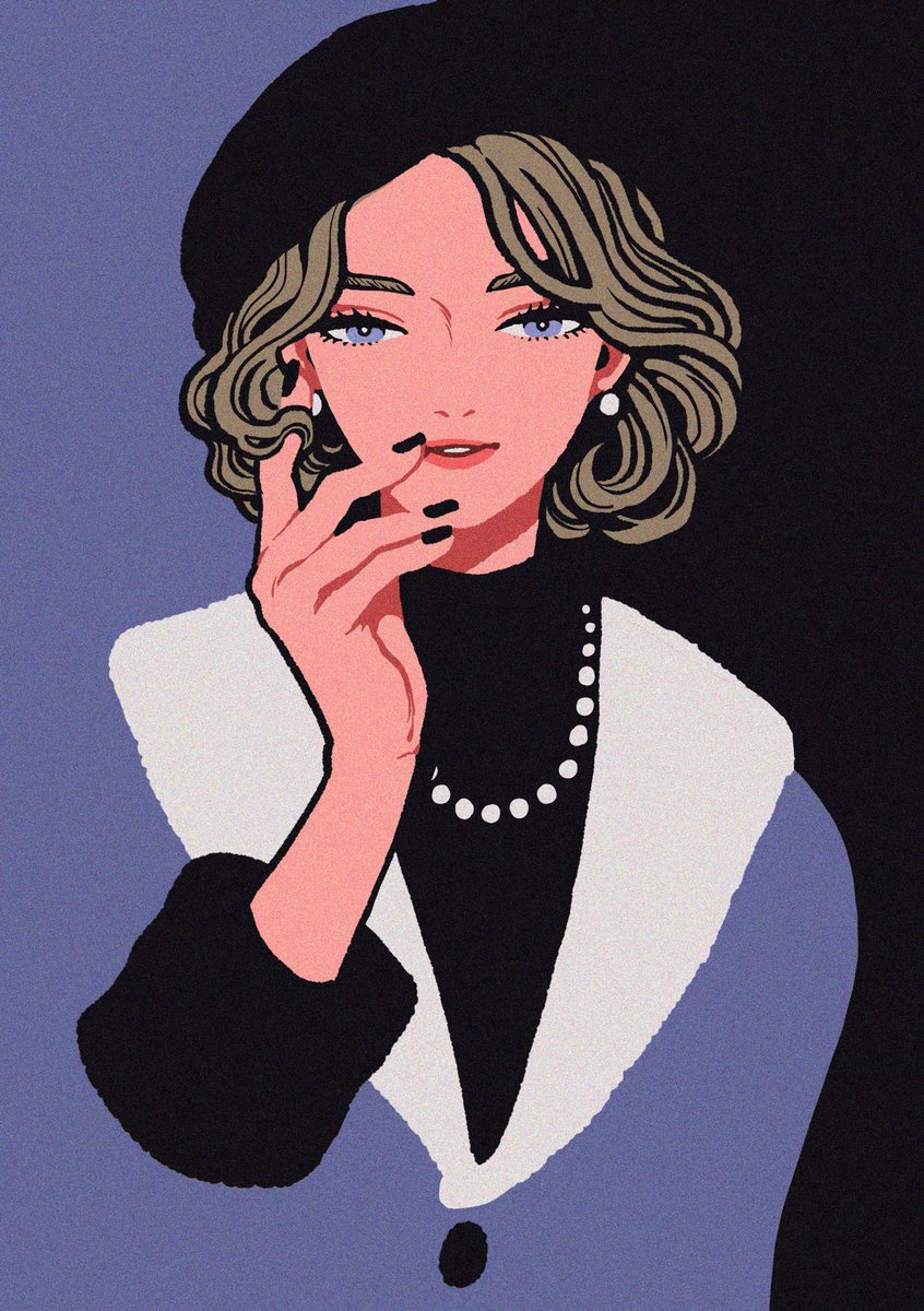 1girl solo jewelry black headwear earrings hat black nails  illustration images