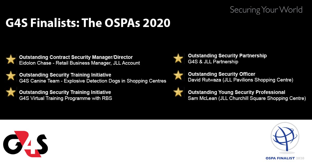We're nominated for an incredible 6 awards at the Outstanding Security Performance Awards this evening. We’re looking forward to the awards ceremony tonight and from everyone at G4S we're very proud of all our nominations. Have a fantastic night!
#OSPAs #G4S #Security