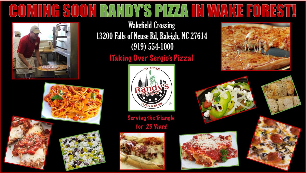 FREE PIZZA SLICES &amp; SODA Monday, March 2nd at our new location 13200 Falls of Neuse Rd #largestsliceinthetriangle #comeseeRandy