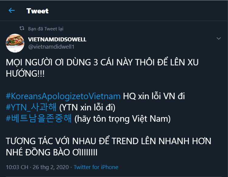 sowon_bebi's tweet photo. Có nhiều bạn vẫn sai hashtag quá
#KoreansApologizetoVietnam 
Là Vietnam chứ không phải VietNam
#YTN_사과해 
Các hãy kiểm tra thật kĩ rồi hẵng tweet
#베트남을존중해 https://t.co/4A3jsSfA1W