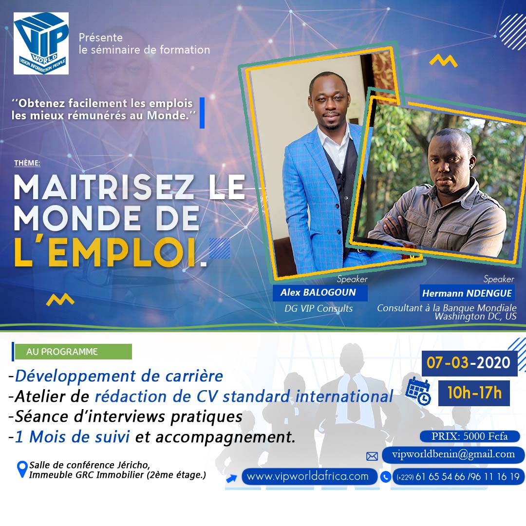 VIPWorldAfrica's tweet photo. Vous rêvez de suivre des formations à l'international?
Devinez quoi l'international vient à vous!

MAITRISEZ LE MONDE DE L'EMPLOI avec Hermann NDENGUE ,un consultant à la banque Mondiale de Washington DC, USA

Inscription: https://t.co/qeK5f5KiGN
Contact: 61655466

#emplois #jobs https://t.co/dL9Rj9aOFx