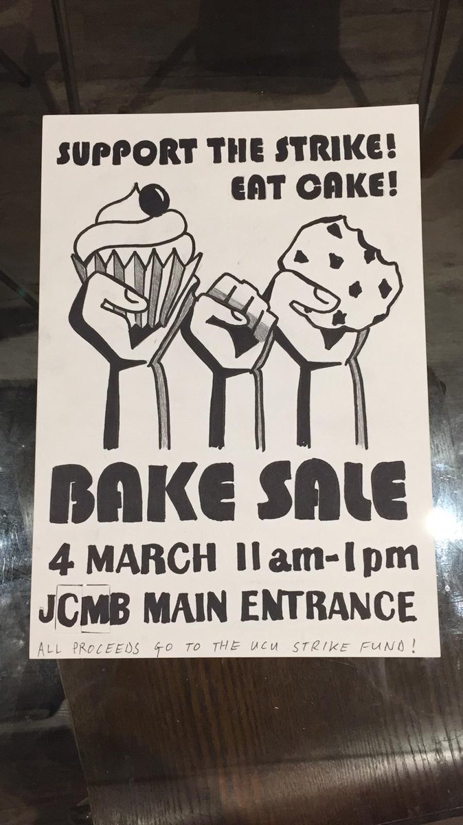 UcuWaterloo's tweet photo. Support the strike! Eat cake! Get baking or make sure you're hungry in time for next Wednesday's bake sale! 11am-1pm 4th March. All welcome! #ucuwaterloo #UCUstrikesback #UCUstrikes @KCL_UCU https://t.co/j0fA5sNmwc