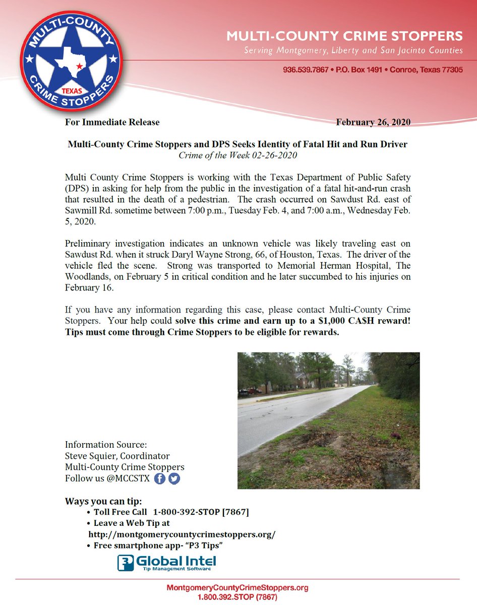 MCCS is working with TX DPS trying to identify a fatal hit and run driver.

Can you help- and maybe earn a $1000 CA$H reward?