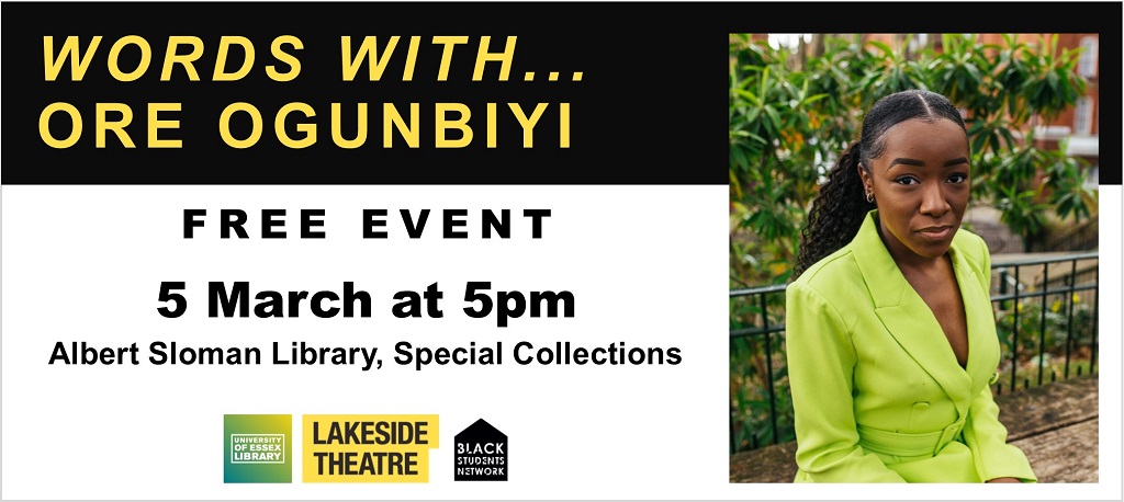 UniEssexLibrary's tweet photo. If you haven't booked your free ticket for #WordsWith Ore Ogunbiyi, now is the time! It's tomorrow at 5pm in the #AlbertSlomanLibrary. Spaces are limited so book at the Library website to guarantee a place: https://t.co/DmtKJdWIug
@LakesideTheatre
@black_essex https://t.co/LCIjGaFRSm