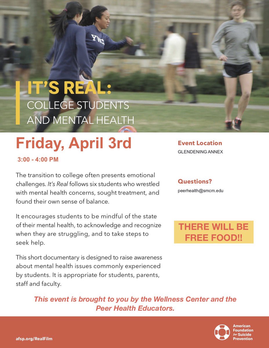 smcmwellness's tweet photo. Friday 4/3 3:00-4:00pm Glendening Annex. FREE FOOD! Learn how to improve your mental health and well-being. FREE FOOD! ❤️🧡💛💚💙#peerhealtheducators #mentalhealthmatters #aupporteachhother https://t.co/yK26fciPji