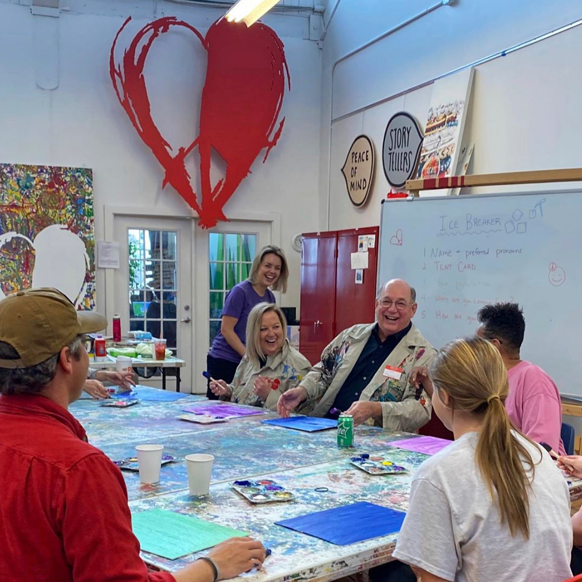 PeaceLoveFdn's tweet photo. Much love for Teresa and Ray from @EyemartExpress for visiting the Studio, donning paint smocks, and diving into a Creative Calisthenics workshop. We truly enjoyed creating together! #createpeaceofmind #creators2020 #eyemartexpress https://t.co/r57oVKLO4O