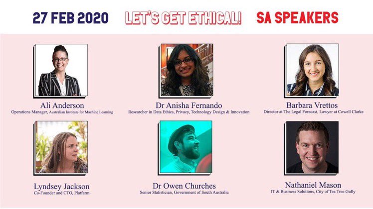 I’m super excited for tonight’s #aiethics debate hosted by <a href="/SarahEsbie/">Sarah Brown</a> and <a href="/codelikeagirlau/">Code Like a Girl</a>! Come by <a href="/stoneandchalk/">Stone & Chalk</a> at <a href="/LotFourteen/">Lot Fourteen</a> at 6pm to hear <a href="/MsAliAnderson/">Ali Anderson</a>, <a href="/DataEthicSciCom/">Anisha Fernando</a>, <a href="/BVrettos/">Barbara Vrettos</a>, <a href="/ok_lyndsey/">Lyndsey Jackson</a>, <a href="/Mason_Digital/">Nathaniel Mason</a> and me. See you there: codelikeagirl.com/states/sa/2020…