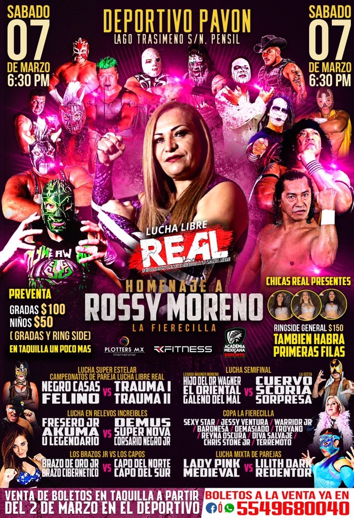 💕🔥HOMENAJE A ROSSY “LA FIERECILLA” MORENO🔥💕
En esta ocasión tendremos un evento emotivo, ya que se le rendirá HONOR a quien HONOR MERECE. 
¡NO TE LO PUEDES PERDER! 
💥APARTA YA TUS BOLETOS💥
#SomosMasReal #HomenajeARossyMoreno #LuchaLibreReal
