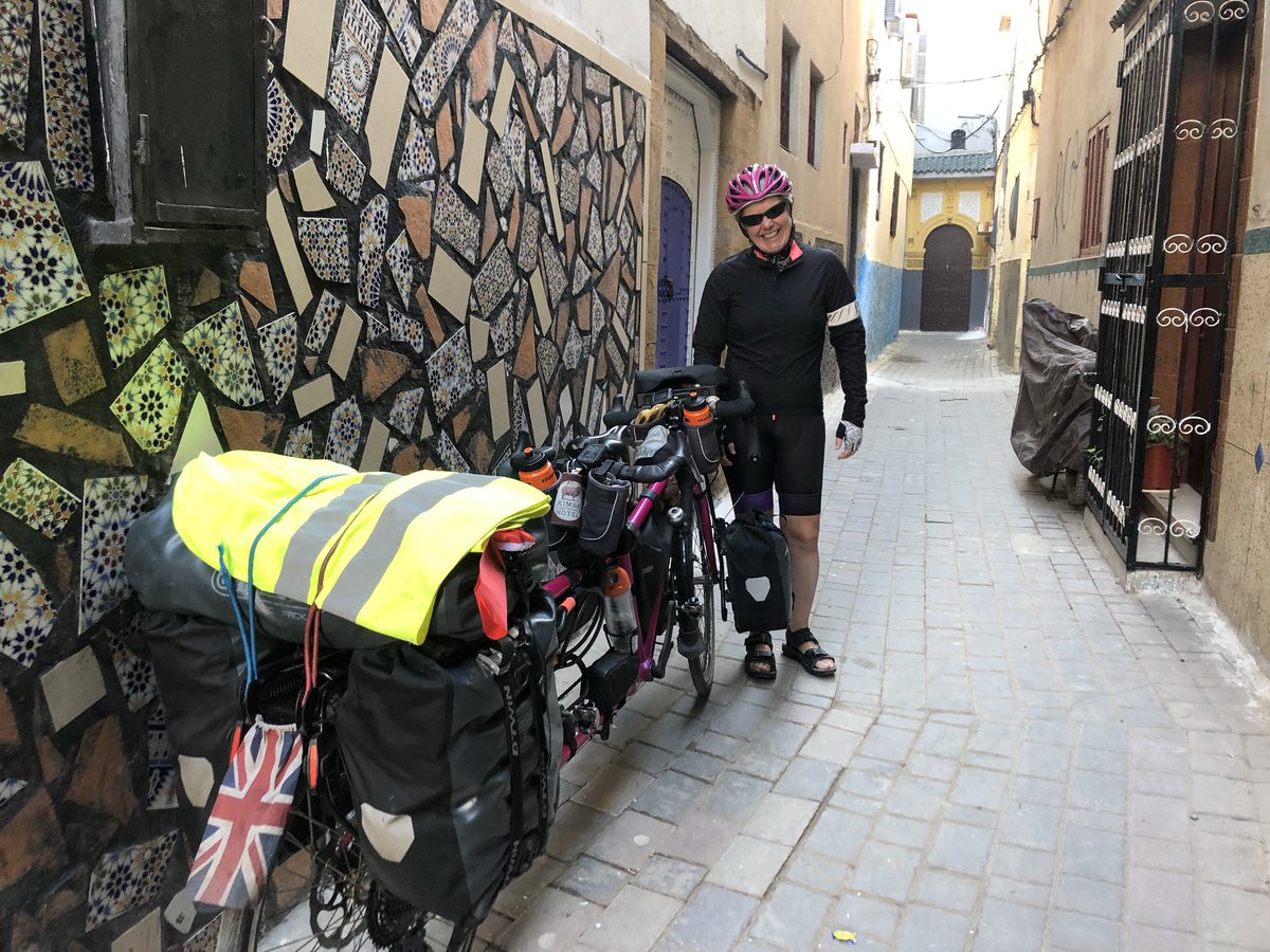 Day 243 Rabat to south of Larache 🇲🇦. Jet lag. Crepes for breakfast. Terrible 🚽. Storkes nesting. Croque monsieur and omelet 😱. Sand dunes. Chased by dogs and boys🤣😳. Wrong hotel. 1.5 miles of sand - pushing Alice 😱 Late dinner 🥘