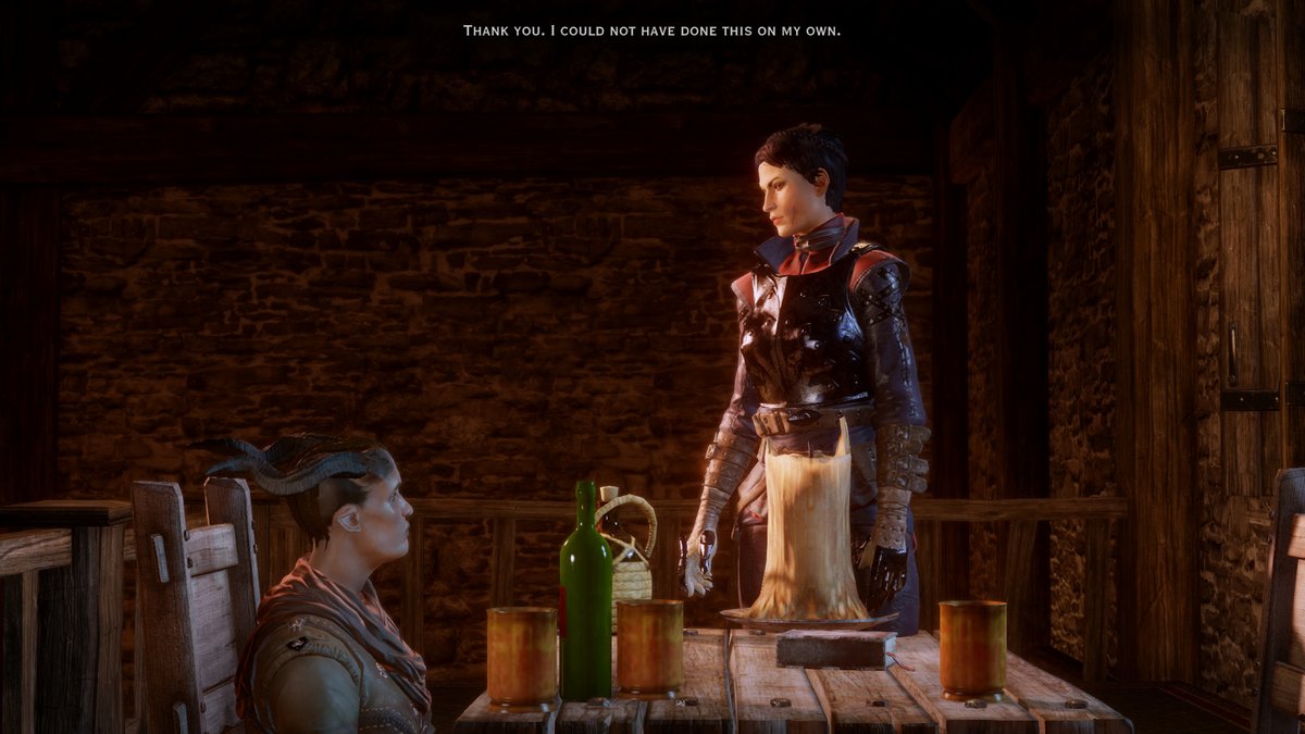 A fun glitch: Eilin, actual giant of a woman, sitting IN a chair, making her look like a child at a dinnertable asking her mom what& #39;s on the menu tonight