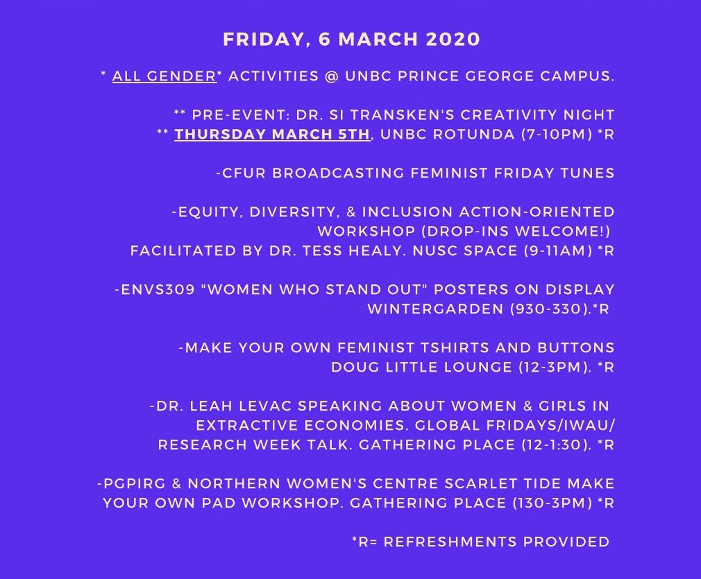 The Northern Women's Centre (@unbc_nwc) on Twitter photo From IWAU: Join Inspiring Women Among Us (IWAU) on Friday March 6th to celebrate International Women’s Day! IWAU, @unbc, <a href="/unbc_nwc/">The Northern Women's Centre</a>, Global Friday’s, <a href="/pgpirg/">PGPIRG</a> and others have come together for an exciting day! Everything is free and ALL are welcome. Swipe to see the schedule! #NWC From IWAU: Join Inspiring Women Among Us (IWAU) on Friday March 6th to celebrate International Women’s Day! IWAU, @unbc, <a href="/unbc_nwc/">The Northern Women's Centre</a>, Global Friday’s, <a href="/pgpirg/">PGPIRG</a> and others have come together for an exciting day! Everything is free and ALL are welcome. Swipe to see the schedule! #NWC